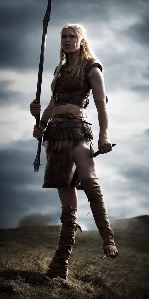 Image similar to a photograph of viking shield maiden in the battlefield, action movie, movie still, cinematic, filmic, dramatic, volumetric light