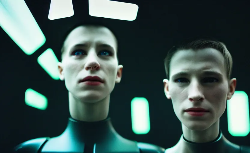 Prompt: cinestill 5 0 d candid photographic portrait by helen levitt of a feminine male android wearing black techwear on a brutalist dystopian spaceship, medium closeup, modern cyberpunk suspense emotional cinematic, solar storm, 8 k, hd, high resolution, 3 5 mm, f / 3 2, ultra realistic faces, ex machina