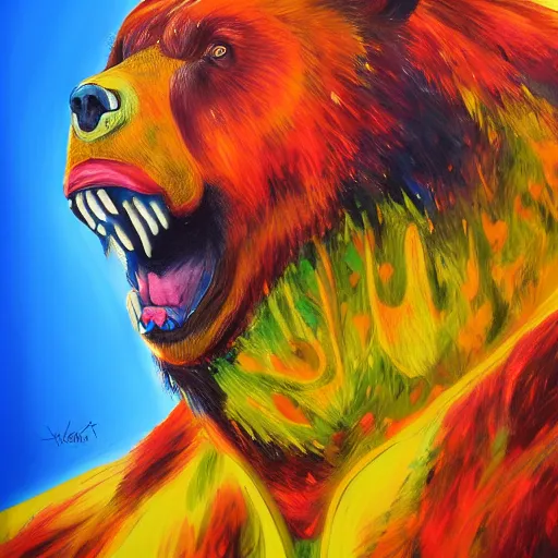 Image similar to a head and shoulder portrait of bear beast-man painted in the colorful and expressive style of Kotwdq, trending on Artstation 8k photorealistic