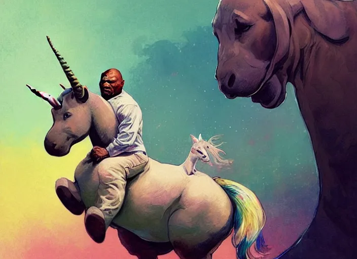 Prompt: portrait of mike tyson riding a unicorn - art, by wlop, james jean, victo ngai! muted colors, very detailed, art fantasy by craig mullins, thomas kinkade cfg _ scale 8