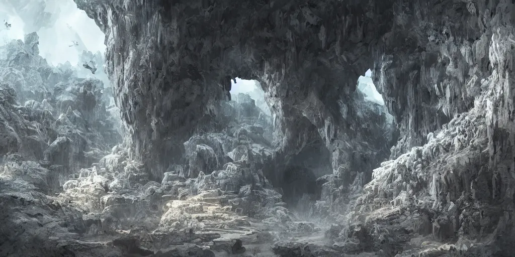 Image similar to highly detailed cave entrance in a scifi landscape by feng zhu, perfect geometry, hyper - detailed, sharp, beautiful, desaturated, beautiful lighting, oil on canvas