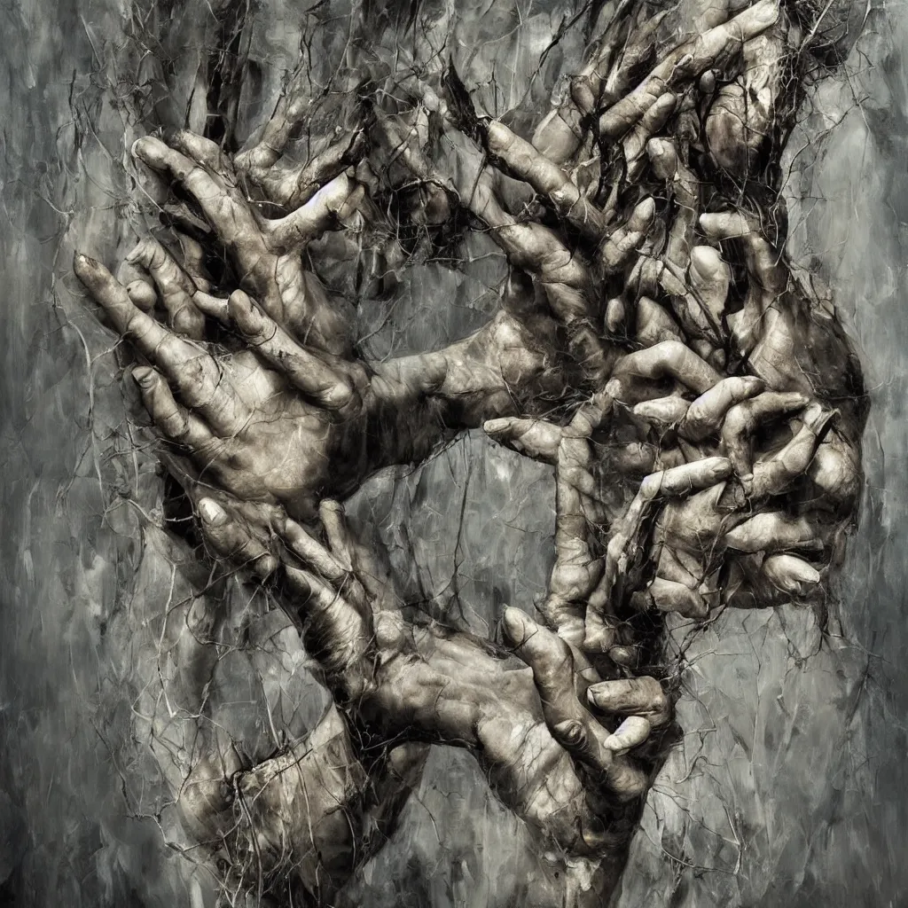 Prompt: powerful gestures, bones, fingers, branches composition abstract, magical, realism, textural, by seveso, asencio, baars, kieth thomsen