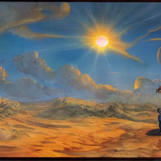 Image similar to giant fiery sun takes up most of the sky, two men look out over the horizon of a desert with plants on fire, highly detailed intricate matte painting