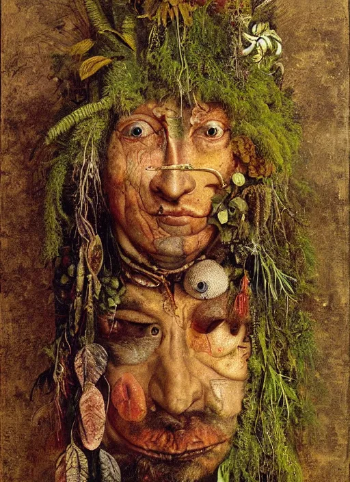 Image similar to a surreal painting of a shaman's face, by Giuseppe Arcimboldo, moss and ferns, symbolist, soft colors, dramatic lighting, smooth, sharp focus, extremely detailed, aesthetically pleasing composition