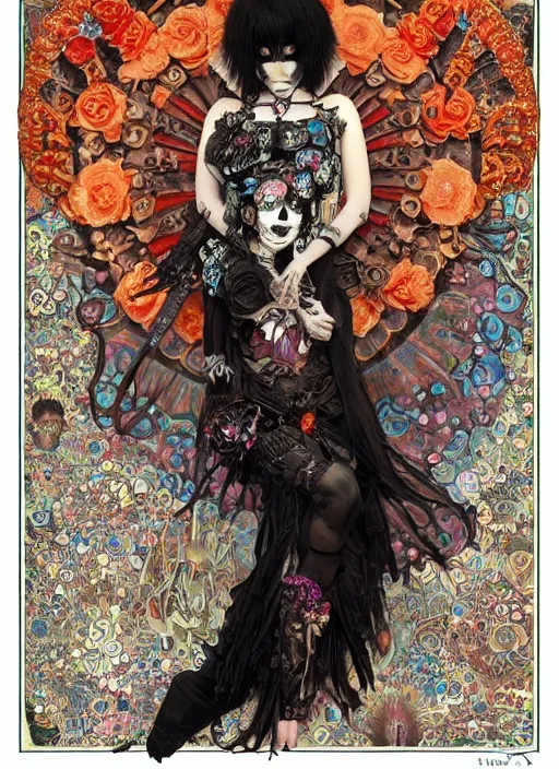 Image similar to cute punk goth fashion fractal Día de los Muertos tattooed girl posing in goth outfit by Zhang Jingna, psychedelic poster art of by Victor Moscoso Rick Griffin Alphonse Mucha Gustav Klimt Ayami Kojima Amano Charlie Bowater, masterpiece