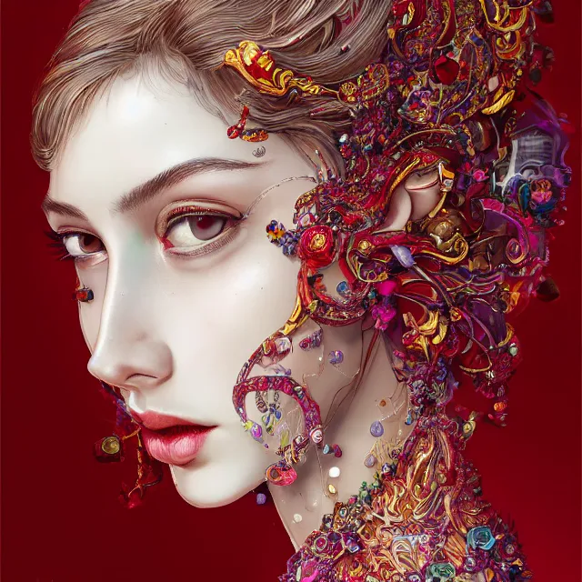 Image similar to studio portrait of absurdly beautiful, elegant, young hypercolorful woman made of rubies and red gems, ultrafine hyperrealistic detailed face illustration by kim jung gi, irakli nadar, intricate linework, sharp focus, bright colors, matte, octopath traveler, final fantasy, unreal engine highly rendered, global illumination, radiant light, intricate environment