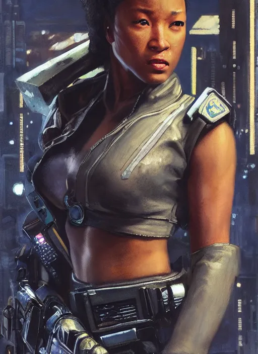 Image similar to black chun li. cyberpunk police trooper in a military vest ( blade runner 2 0 4 9, cyberpunk 2 0 7 7 ). orientalist portrait by john william waterhouse and james gurney and theodore ralli and nasreddine dinet, oil on canvas. cinematic, hyper realism, realistic proportions, dramatic lighting, high detail 4 k