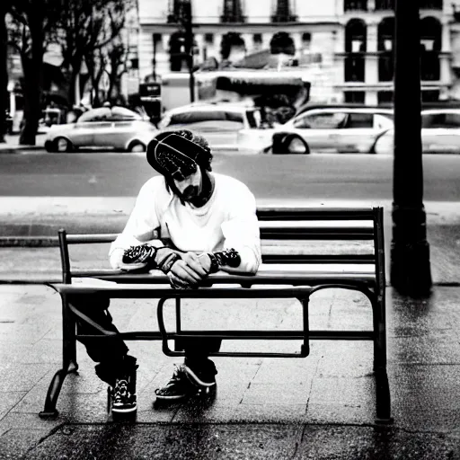 Image similar to black and white fashion photograph, highly detailed portrait of a depressed white drug dealer sitting on a bench on a busy Paris street, looking into camera, eye contact, natural light, rain, mist, lomo, fashion photography, film grain, soft vignette, sigma 85mm f/1.4 1/10 sec shutter