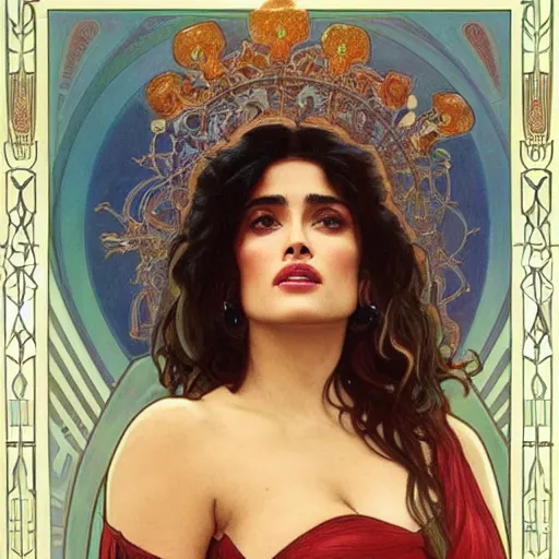 Image similar to salma hayek medium shot portrait by alphonse mucha, perfect proportions, beautiful face, perfect eyes, real life colors, elegant, sharp focus, hyper - realistic, 4 k, highly detailed, hd, dramatic lighting by brom