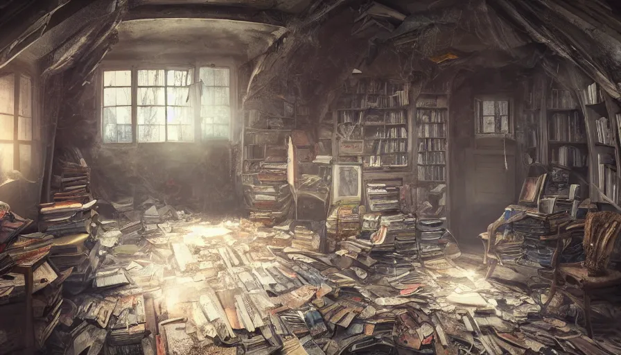 Prompt: Attic of a abandoned house with lot of cobwebs, old books and old wallets, hyperdetailed, artstation, cgsociety, 8k
