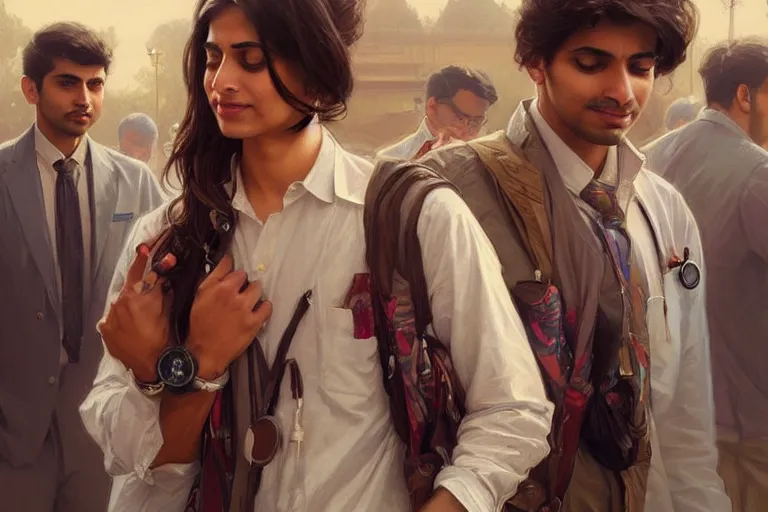 Image similar to Anxious good looking pale young Indian doctors wearing American clothes at the airport, portrait, elegant, intricate, digital painting, artstation, concept art, smooth, sharp focus, illustration, art by artgerm and greg rutkowski and alphonse mucha