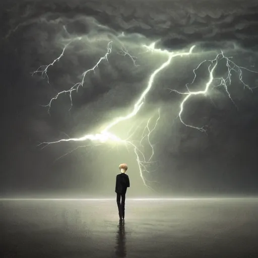 Prompt: killua zoldyck made by zdzisław beksinski, thunderstorm, lighting, blue, pose, 8 k, detailed, high quality, 8 k