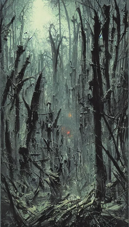 Image similar to a storm vortex made of many demonic eyes and teeth over a forest, by john berkey