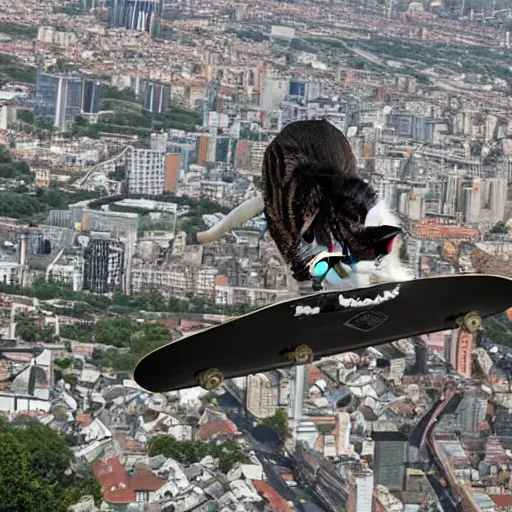 Image similar to cat flying over the city on a skateboard