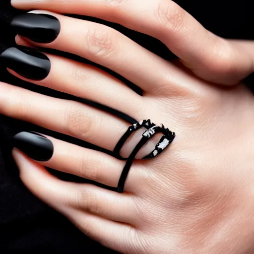 Prompt: photo of a human hand with black painted nails and a variety of rings