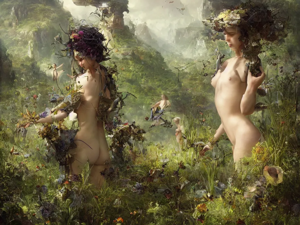 Prompt: a solarpunk very very very beautiful lush landscape of a the most beautiful nymph in a field are of broken stone words with cyborg workers picking up the broken stone and trying to put them back together, hyperrealistic, award-winning, masterpiece, in the style of Tom Bagshaw, Cedric Peyravernay, Peter Mohrbacher