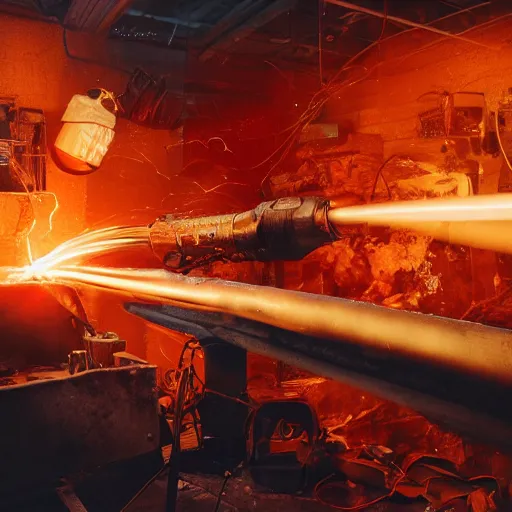 Image similar to red hot frying pan with bacon, tangles of metallic cables, dark messy smoke - filled cluttered workshop, dark, dramatic lighting, orange tint, sparks, plasma charges, cinematic, highly detailed, sci - fi, futuristic, movie still