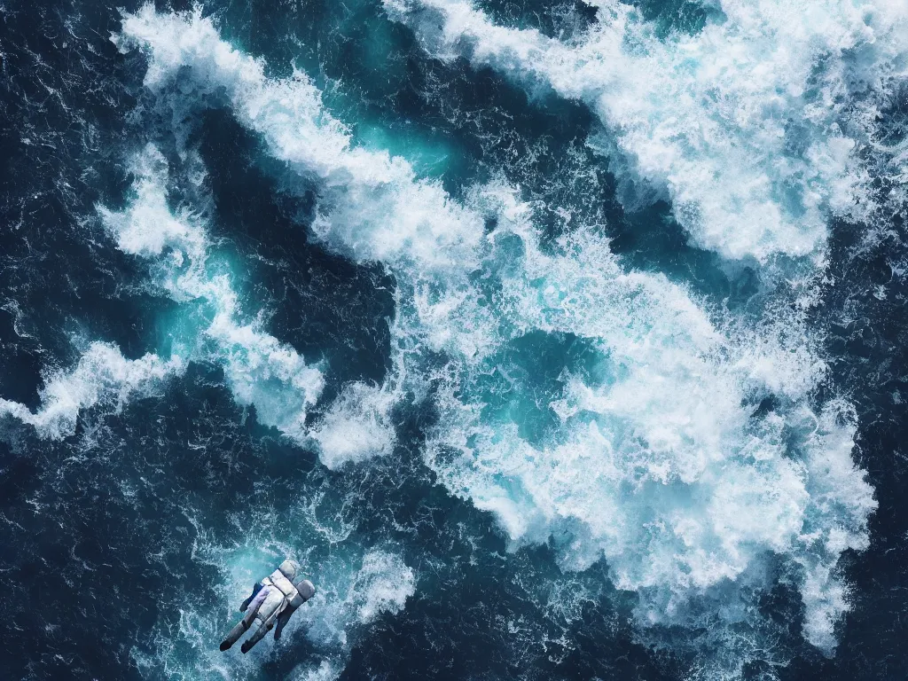 Prompt: photo of a enormous astronaut coming out from the ocean, ultra realistic, detailed, artstationHQ, artstationHD, 4k, 8k, aerial view