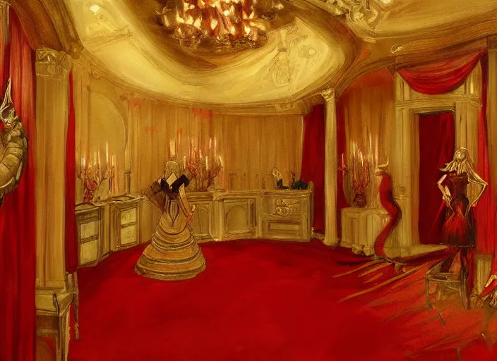 Prompt: the red death enters the ballroom, trending on artstation, elegant, dramatic, ornate, beautiful