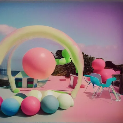 Prompt: a pastel colour high fidelity Polaroid art photo from a whimsical holiday album at a seaside with abstract inflatable parachute furniture ((and some spheres)), all objects made of transparent iridescent Perspex and metallic silver, no people, iridescence, nostalgic