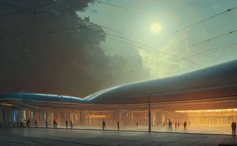 Image similar to exterior shot of utopian train station with cinematic lighting by zaha hadid and renzo piano, darek zabrocki and greg ruthkowski, alphonse mucha, simon stalenhag, cinematic, holy place, paradise, scifi, futurism, atmospheric, sunset, concept art, artstation, trending on artstation