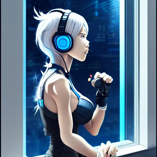 Image similar to cyborg - girl with silver hair, wearing headphones, and sitting on a window sill, highly detailed, painting, dark blue and black color palette, intricate, high quality anime artstyle, in the style of artgerm