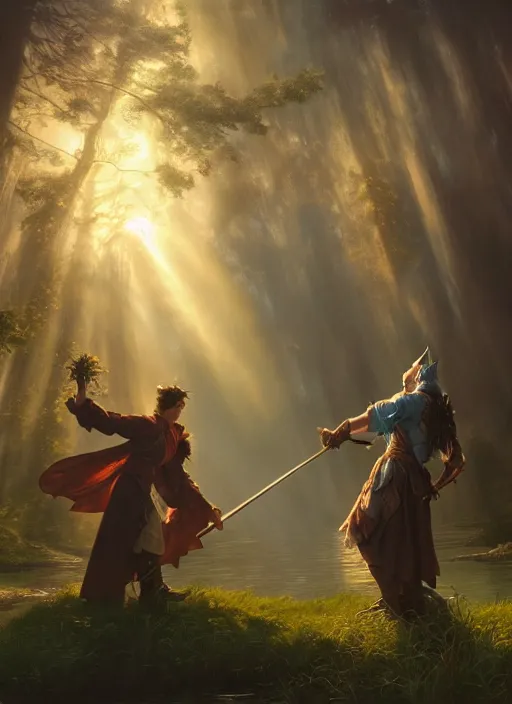 Prompt: two wizards having a magical duel, mist, sunrays, dust in the air, dnd character, unreal engine, octane render, dramatic lighting, pond, digital art, by stanley artgerm lau, greg rutkowski, thomas kindkade, alphonse mucha, loish, norman rockwell,