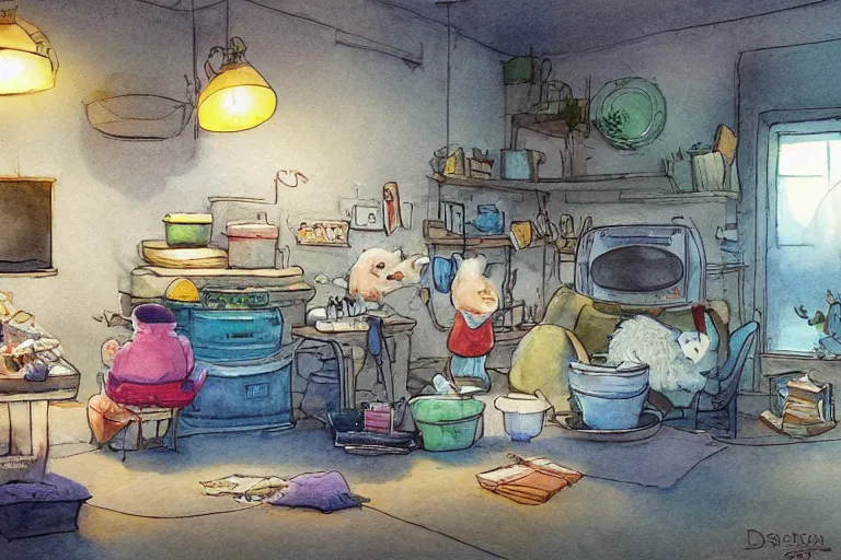 Image similar to pixar concept art by Daisuke Tsutsumi, watercolor, cute fluffy badgers washing dishes, underground in a hovel, fish eye lens,kitchen table, comfy chairs, cosy fireplace, clutter everywhere, stack of books on side table, rug on floor by fireplace, family framed on the wall, cosy