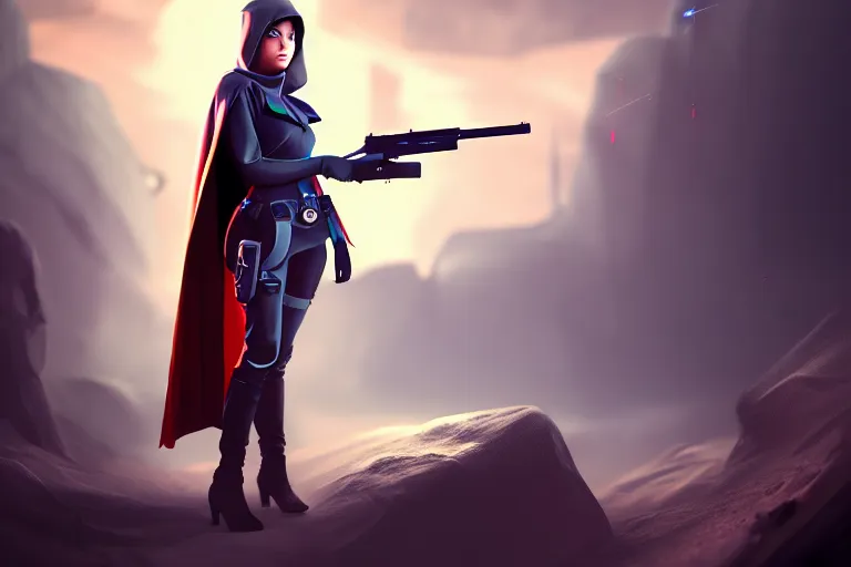 Prompt: girl in futuristic cape, gun in hand, character concept art, valorant game style, digital art, many details, super realistic, high quality, 8 k