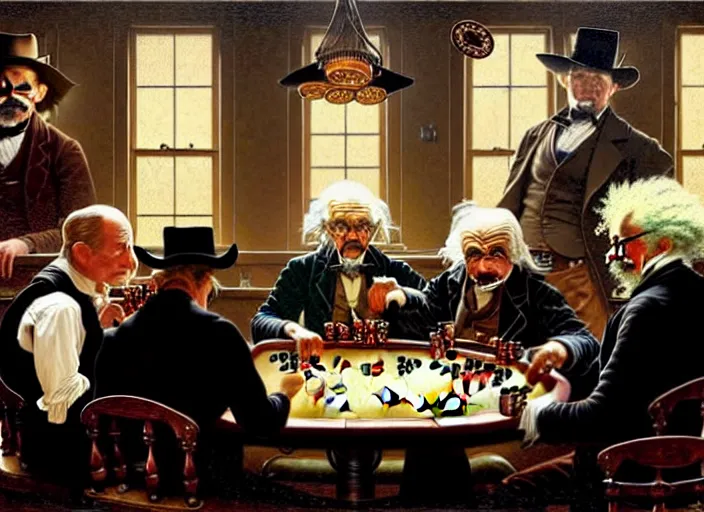 Image similar to in an old west saloon isaac newton and stephen hawkins and albert einstein playing poker, intricate, highly detailed, centered, digital painting, artstation, concept art, smooth, illustration, muted colors, art by norman rockwell and greg rutkowski and james gurney chuck close