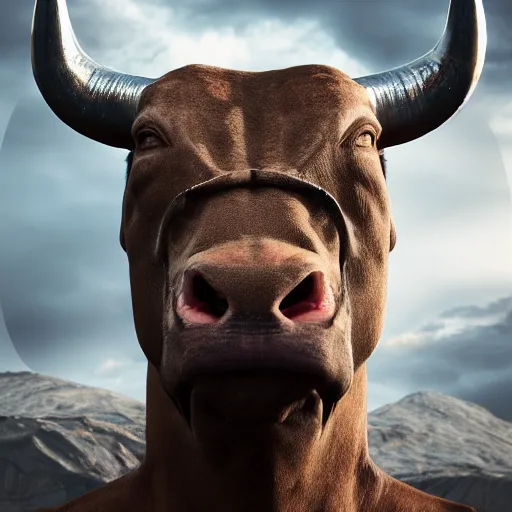 Prompt: portrait art of 8k ultra realistic symmetrical bull creature with a human muscular greek god body, egyptian sun, cinematic lighting, trending on artstation, cgsociety, 4k, hyperrealistic, focused, extreme details, cinematic, masterpiece