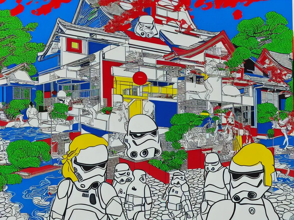 Image similar to hyperrealism composition of the japanese house with a hot springs in the garden, detailed stormtrooper in hot springs, pop - art style, jacky tsai style, andy warhol style, roy lichtenstein style, acrylic on canvas