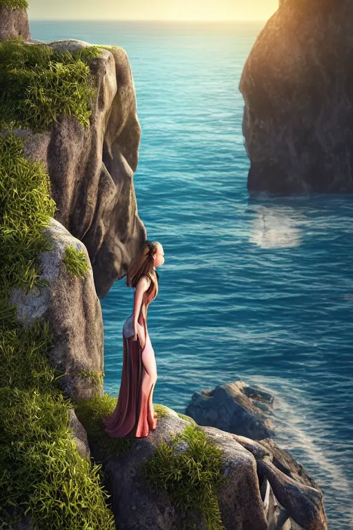 Prompt: a beautiful elegant goddess woman on a cliff overlooking the ocean, highly detailed, photorealistic camera shot, bright studio setting, studio lighting, crisp quality, light reflections, unreal engine 5 render,