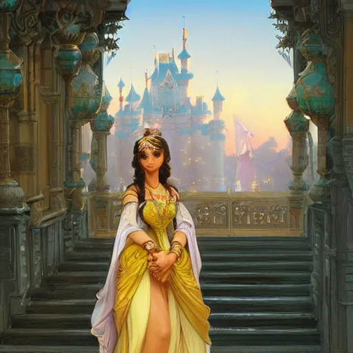 Image similar to beautiful princess jasmin, disney, palace background, intricate, elegant. highly detailed, digital painting, artstation, concept art, smooth, sharp, focus, illustration. art by artgerm and greg rutkowski and alphonse mucha