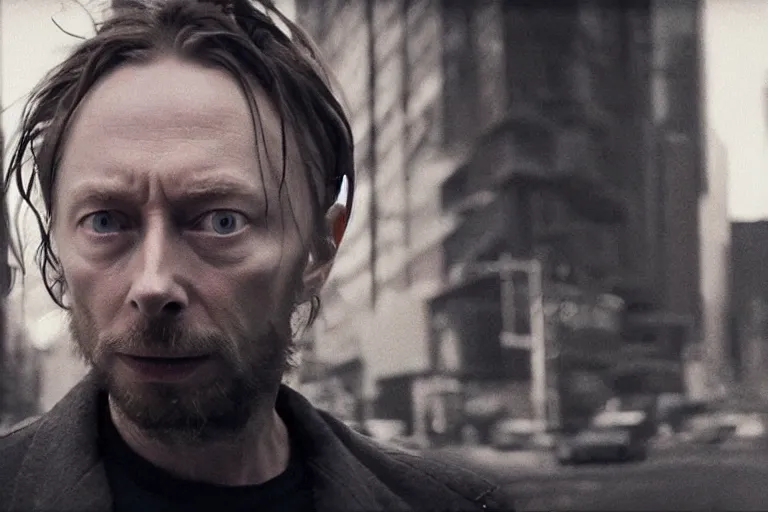 Prompt: ! dream a film portrait still of thom yorke in new york, gritty cyberpunk atmosphere. realism, cinematic lighting, 4 k. 8 mm. grainy. panavision.