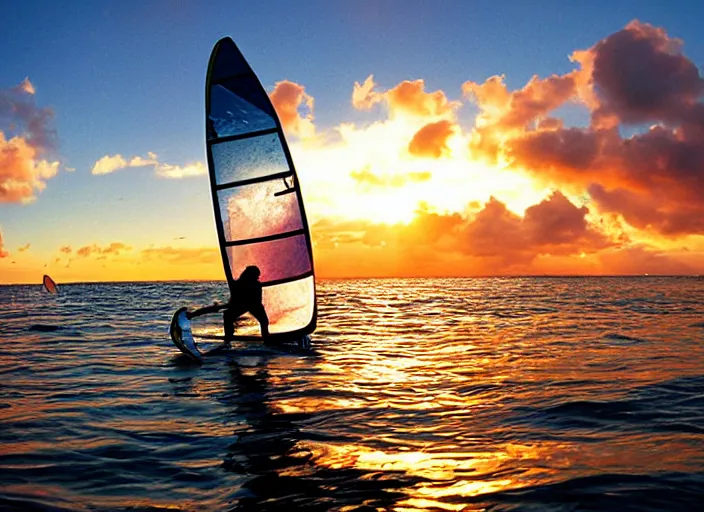 Prompt: windsurfer in the sunset in the 8 0's