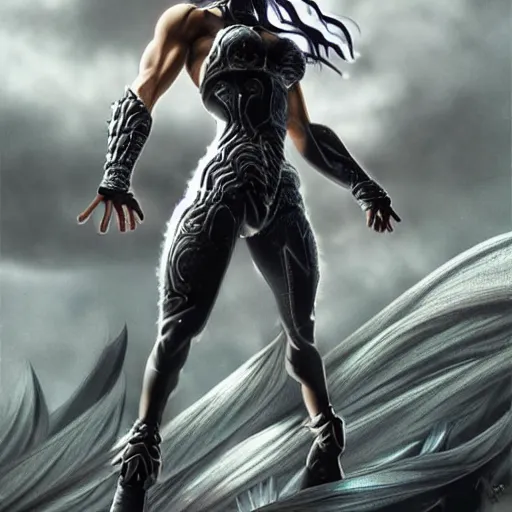 Image similar to warrior girl, muscular girl, wild spiky black saiyan hair, long spiky hair, electrified hair, wearing chrome silver armor and black spandex pants, ultra realistic, intricate details, highly detailed, subsurface scattering, photorealistic, octane render, 8 k, art by artgerm, greg rutkowski, magali villeneuve, alphonse mucha