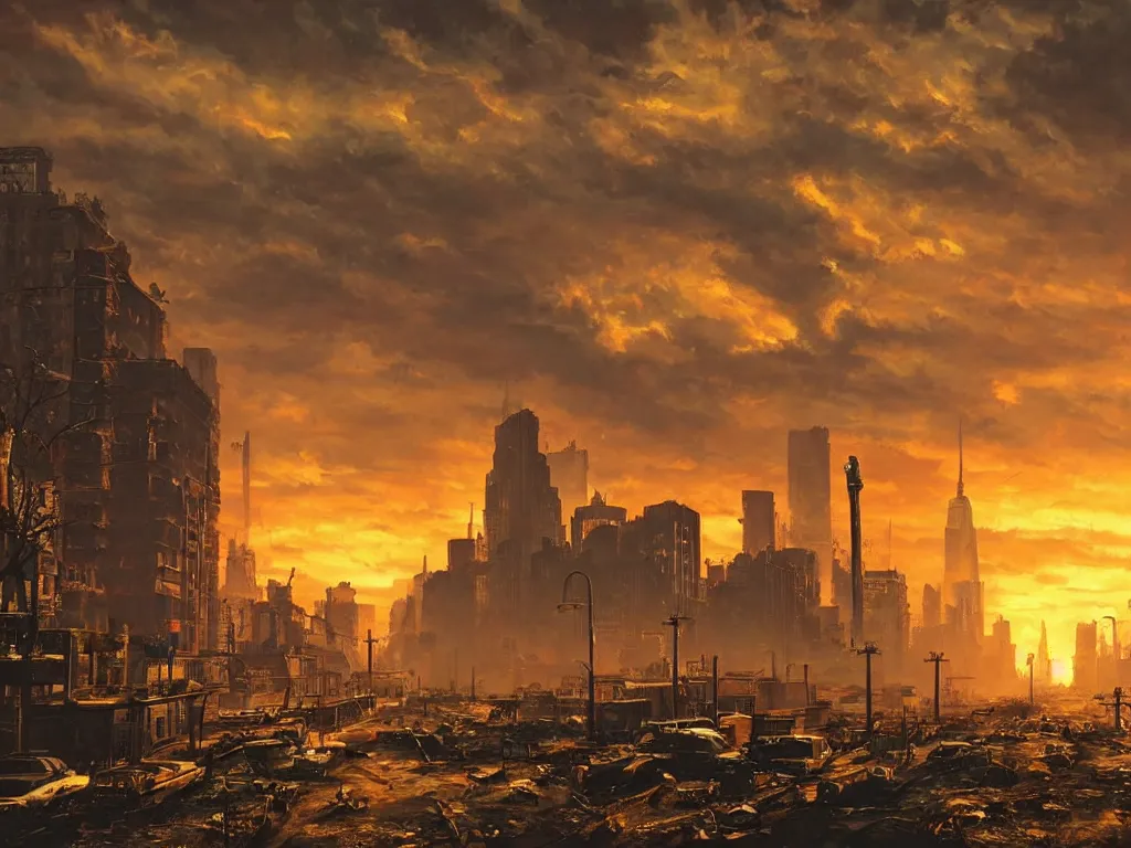 Prompt: a post apocalyptic new york city landscape after a nuclear war, beautiful radioactive sunset lighting, beautiful painting, fallout 7 6, painted by albert bierstadt