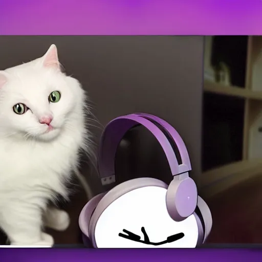 Prompt: screenshot of stream on twitch. tv, white cat wearing headphones in room