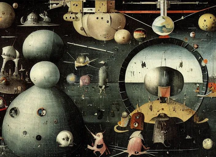 Prompt: an intricately detailed space station by Hieronymus Bosch