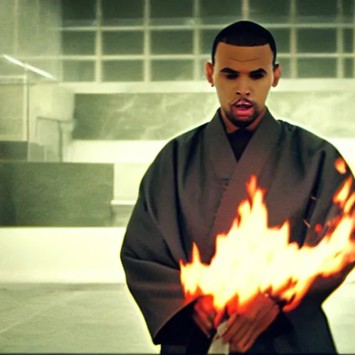 Image similar to cinematic film still of Chris Brown starring as a Japanese Sensei with fire, Japanese CGI, VFX, 2003, 40mm lens, shallow depth of field, film photography