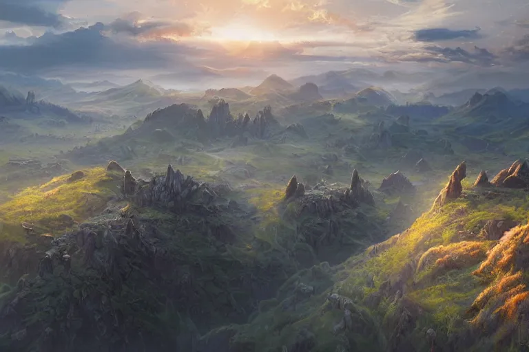 Prompt: high aerial shot, fantasy landscape, sunset lighting ominous shadows, cinematic fantasy painting, dungeons and dragons, rolling hills farmland and pastures, foothills by jessica rossier and brian froud