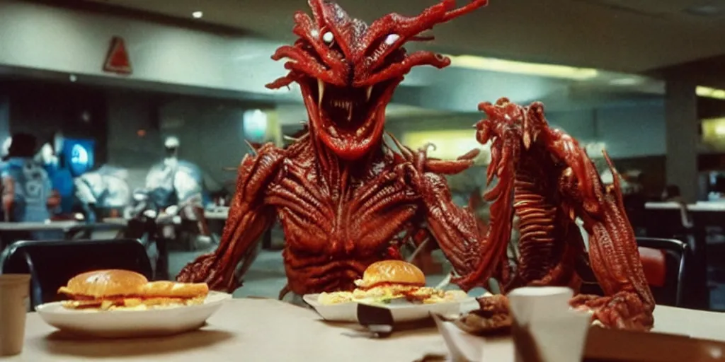 Image similar to predator alien from the movie sitting in a mc donald ’ s restaurant with an angry expression because he got the wrong hamburger