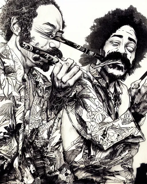 Prompt: portrait of cheech and chong smoking blunts, concept art, sumi - e style, intricate linework, artstation, trending, highly detailed, smooth, focus, art by yoji shinkawa,