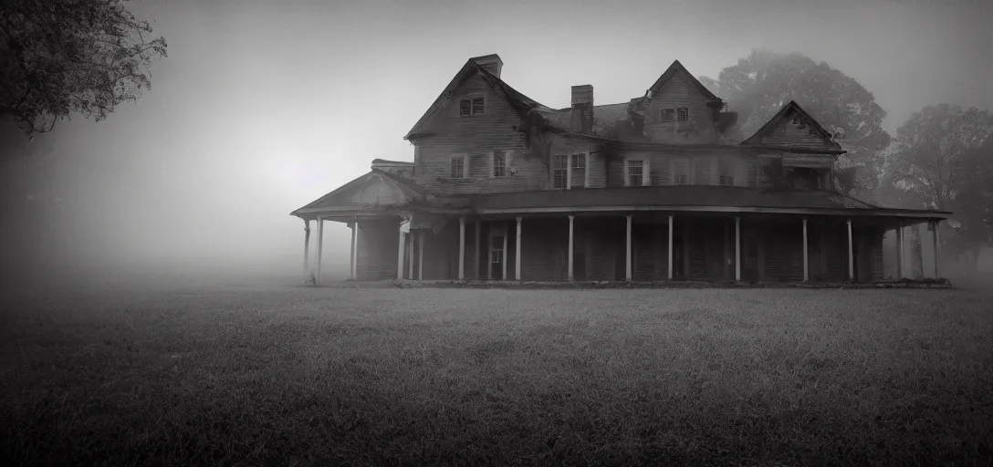 Image similar to opening cinematic shot from a horror movie about a haunted house, establishing shot, wide angle lens, dramatic lighting, fog, southern gothic
