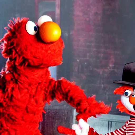 Prompt: elmo finds out he has feelings for freddy krueger, ultra realistic cinematic quality, 8 k, hdr, super detailed, moody atmosphere, film noir but in full colour