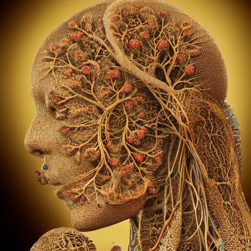 Image similar to beatifull face portrait of a woman, 150 mm, anatomical, flesh, flowers, mandelbrot fractal, facial muscles, veins, arteries, intricate, golden ratio, full frame, microscopic, elegant, highly detailed, ornate, ornament, sculpture, elegant , luxury, beautifully lit, ray trace, unreal, 3d, PBR, in the style of peter Gric , alex grey and Romero Ressendi