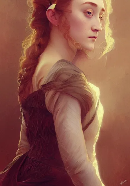 Image similar to sansa saoirse ronan, intricate, elegant, highly detailed, digital painting, artstation, concept art, smooth, sharp focus, illustration, art by artgerm and greg rutkowski and alphonse mucha and william - adolphe bouguereau