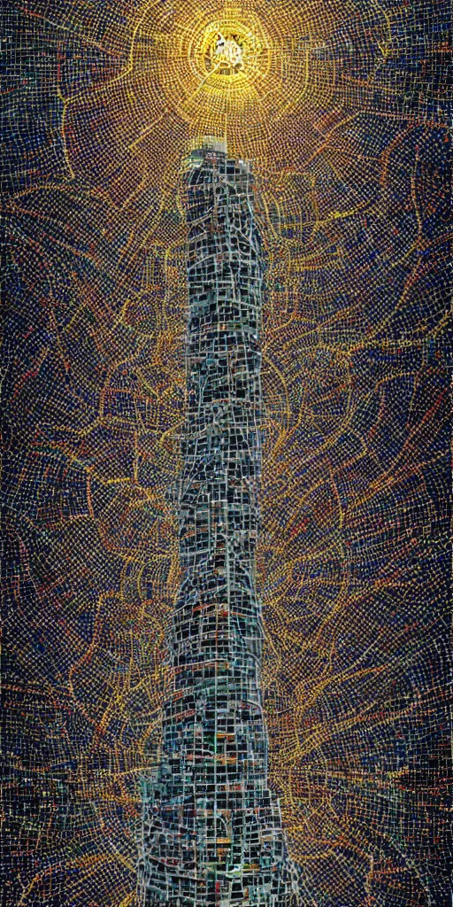 Image similar to a skyscrapper in a field with a sky background, a mosaic by jeffrey smith, behance contest winner, generative art, circuitry, fractalism, behance hd