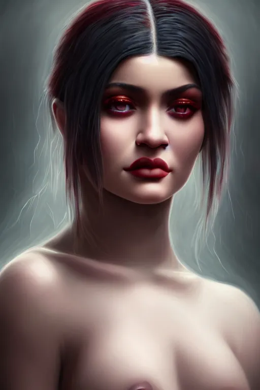 Prompt: a demonic horrific portrait of kylie jenner, white eyes, bored, illustration, soft lighting, soft details, painting oil on canvas by edmund blair leighton and charlie bowater octane render, hdr, trending on artstation, 4 k, 8 k, hd